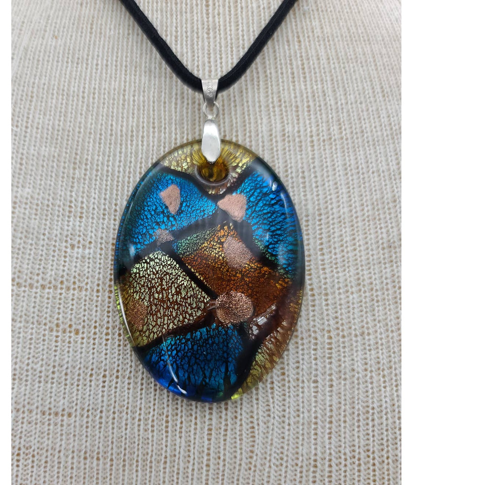 Oval Dichroic Glass Pendant Necklace Blue Copper Fused Glass Jewelry